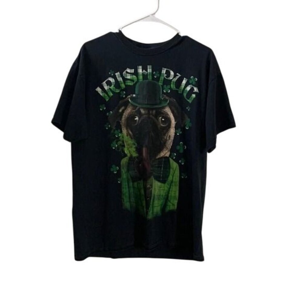 Irish Pug Graphic T-Shirt Black Green Shamrock Dog Smoking Pipe Unisex Casual To